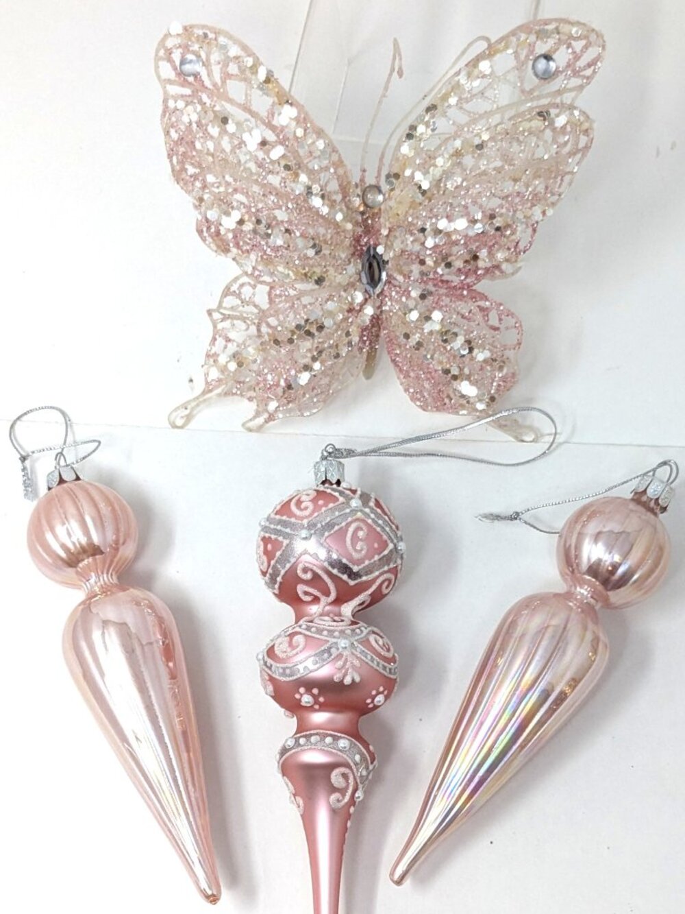 Pastel Pink Christmas Ornaments Lot 4 Flash paint JS glass, Sequin Butterfly